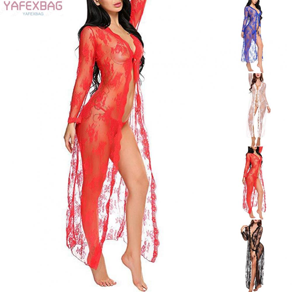 Women Sexy Lingerie Long Lace Dress Sheer See Through Kimono Robe Nightgown
