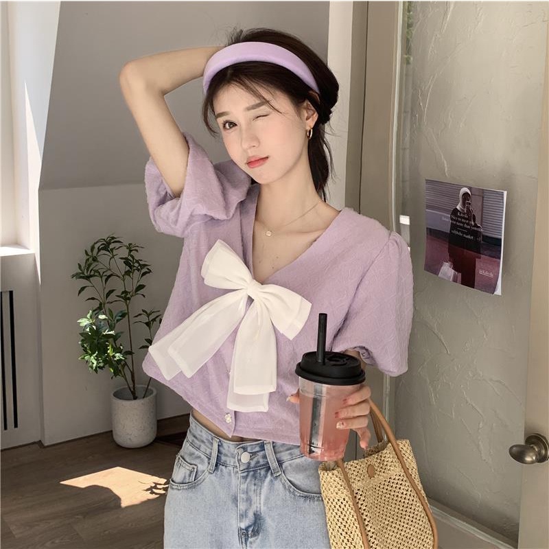 Áo Kiểu Tay Phồng Cổ Chữ V Thắt Nơ Xinh Xắn Thời Trang Hè Kiểu Pháp Cho Nữ