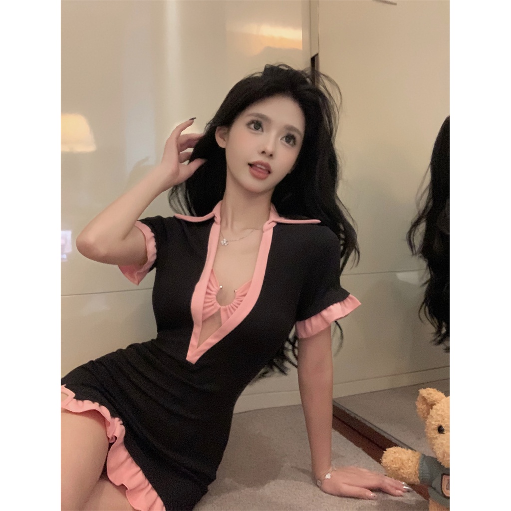 Đầm Tay Ngắn Thiết Kế Rỗng Eo Hẹp Xẻ Tà Phối Màu Sắc Tương Phản Thời Trang Mùa Hè Ngọt Ngào Cho Nữ