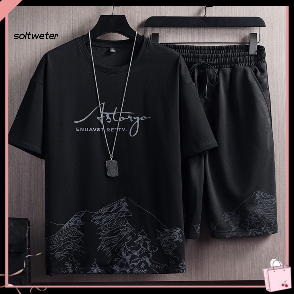 Set Đồ Thể Thao 2 Món Áo Thun Tay Ngắn Cổ Tròn Phối Dây Rút Co Giãn Phối Quần Short Ống Rộng In Họa Tiết Thời Trang Đường Phố