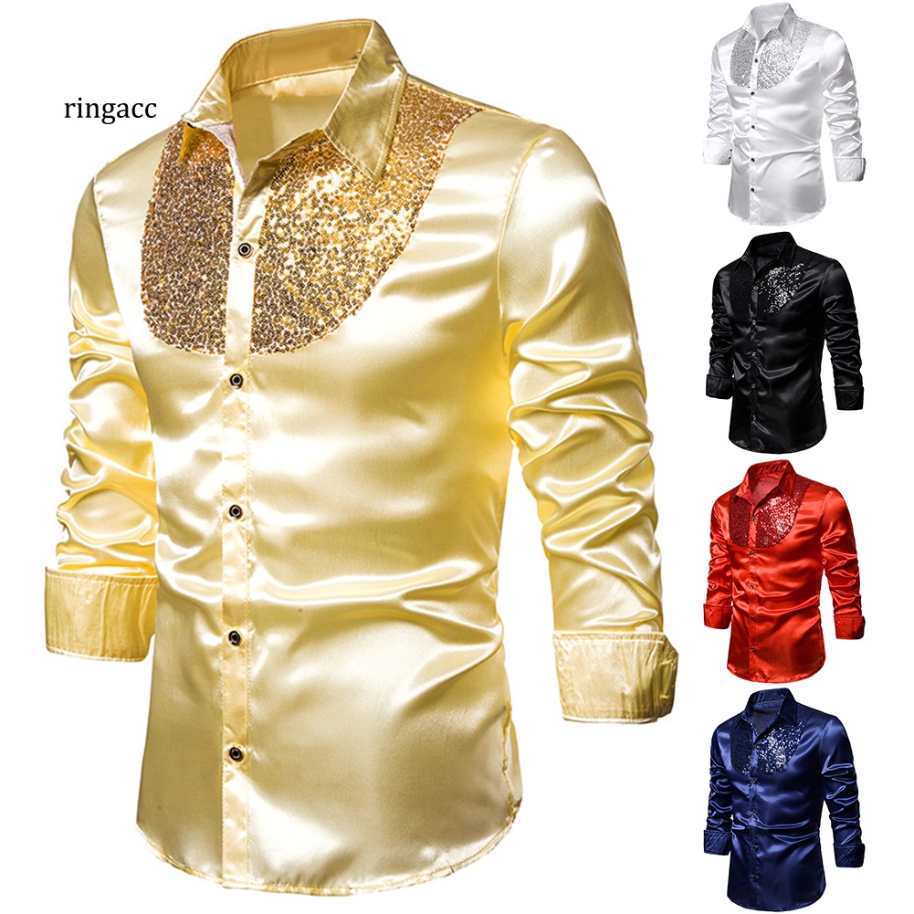 Rga Áo Sơ Mi Nam Dài Tay Màu Trơn Đính Kim Sa Lấp Lánh