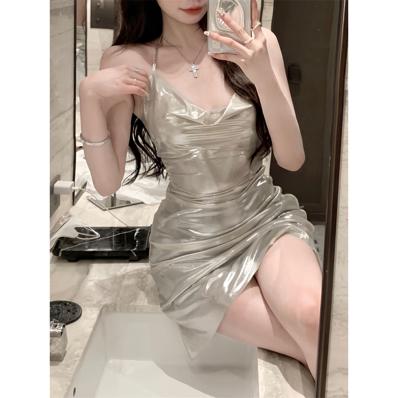 Đầm Ngắn Chữ a Hai Dây Xếp Ly Cổ Hẹp Eo Hẹp Màu Đen Thời Trang Mùa Hè Cho Nữ