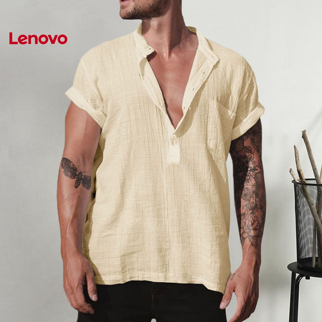 Áo Sơ Mi Cổ Đứng Tay Ngắn Màu Trơn Họa Tiết Hoa Hướng Dương Phối Nút Thời Trang Mùa Hè Cho Nam