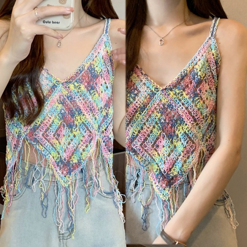 Áo Croptop Hai Dây Dệt Kim Không Tay Cổ Chữ V Thêu Họa Tiết Thời Trang Mùa Hè Dành Cho Nữ