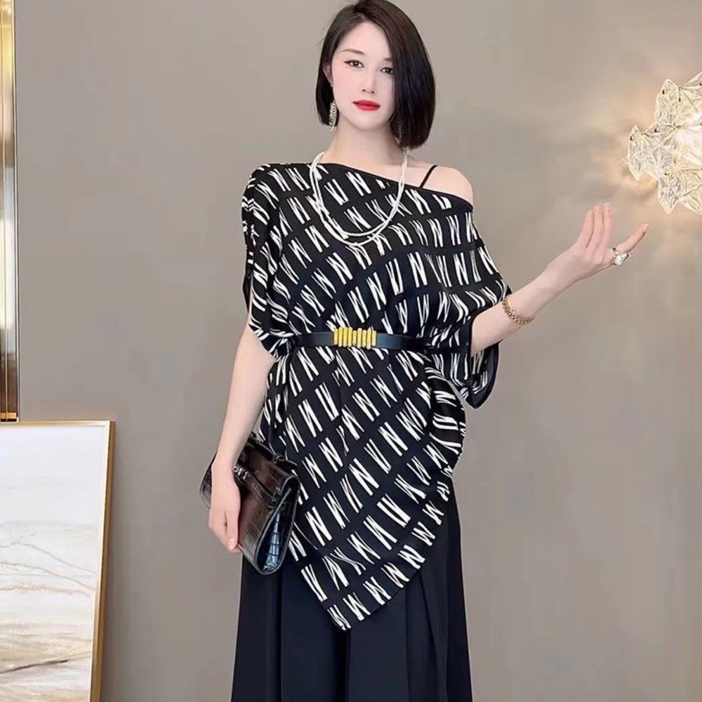 Áo Sơ Mi Cánh Dơi Ngắn Tay Hở Vai Dáng Rộng Buộc Dây Kiểu Cách Cho Nữ