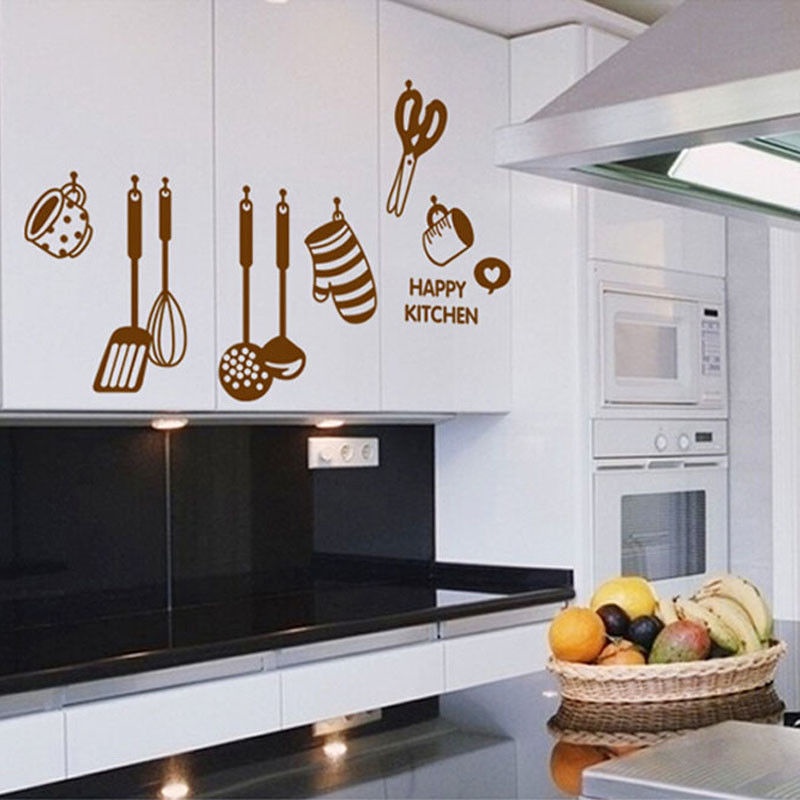 Miếng Dán Tường Vinyl In Chữ Happy Kitchen, Dễ Chùi Rửa