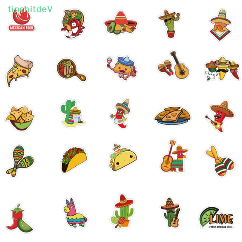 Set 50 Miếng Dán Thức Ăn Phong Cách Mexico Trang Trí Xe Hơi / Laptop / Ván Trượt / Nhật Ký
