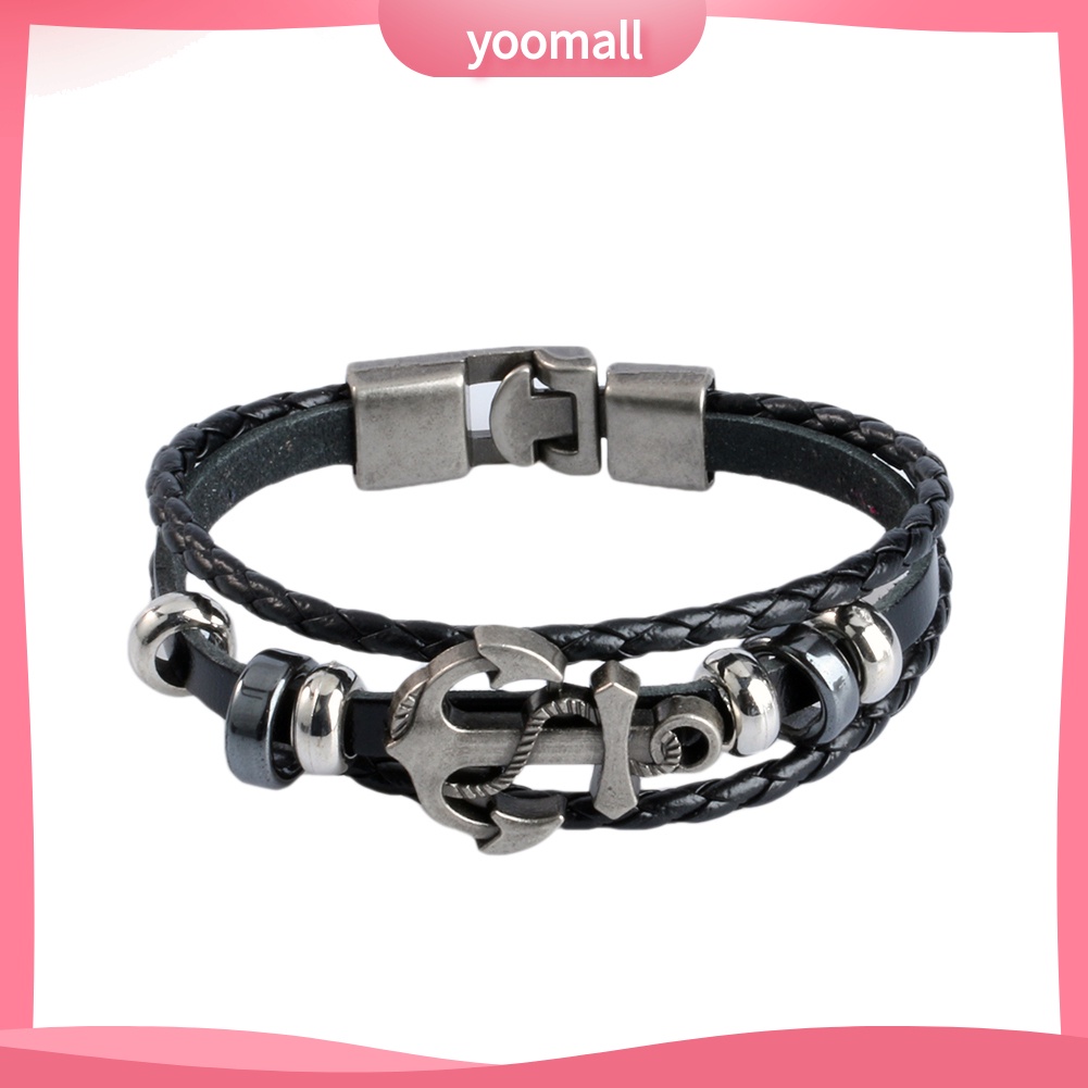 Vòng Tay Da Mặt Mỏ Neo Kim Loại Phong Cách Vintage Cho Nam