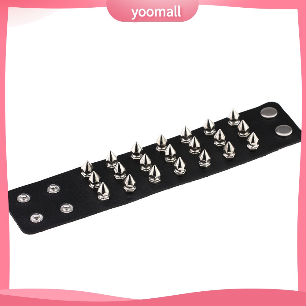 [YM] Vòng Tay Giả Da Đính Đinh Tán Mũi Nhọn Ba Đường Kẻ Bằng Thép Không Gỉ Punk