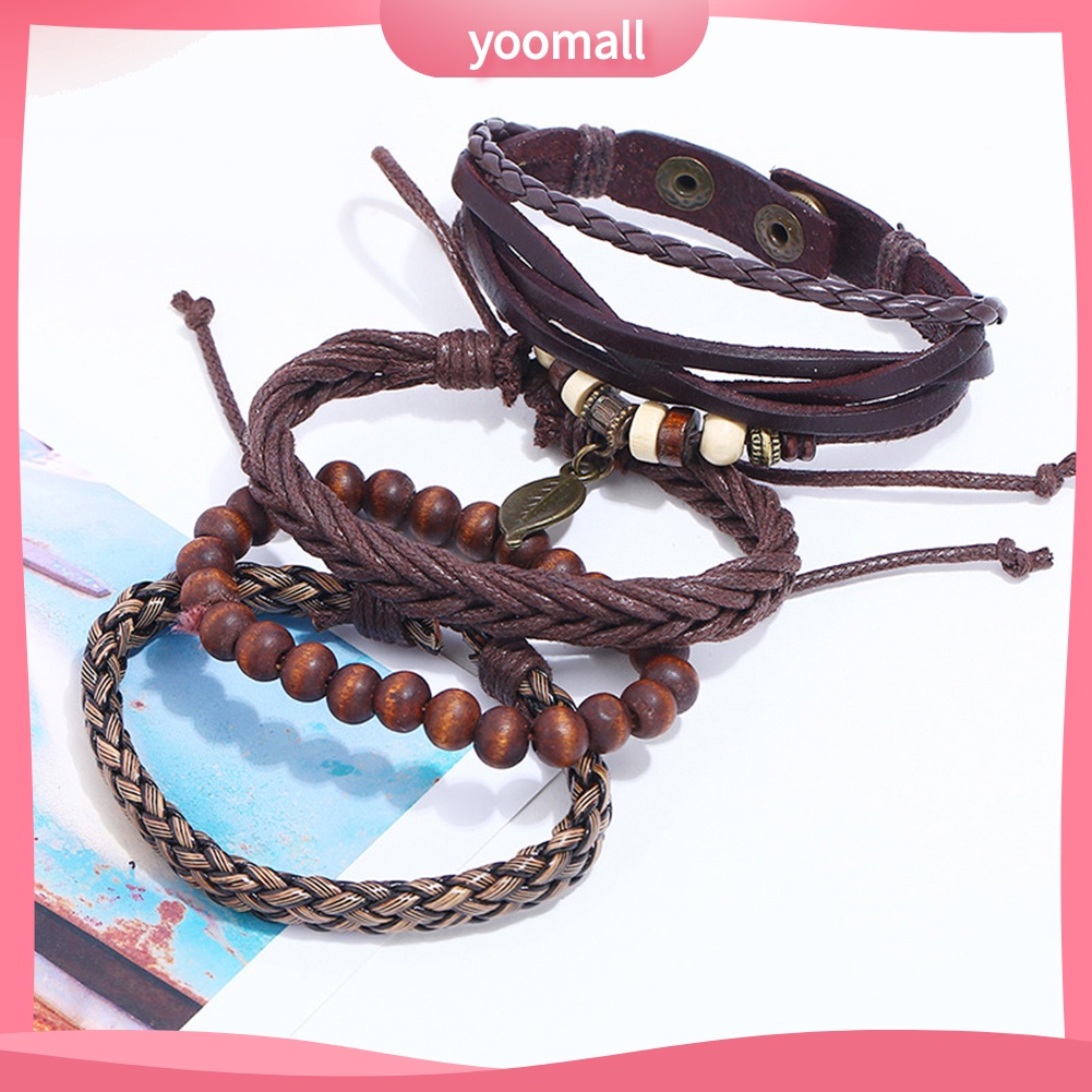 Bộ 4 Vòng Tay Giả Da Nhiều Lớp Họa Tiết Chiếc Lá Thời Trang Cho Nam