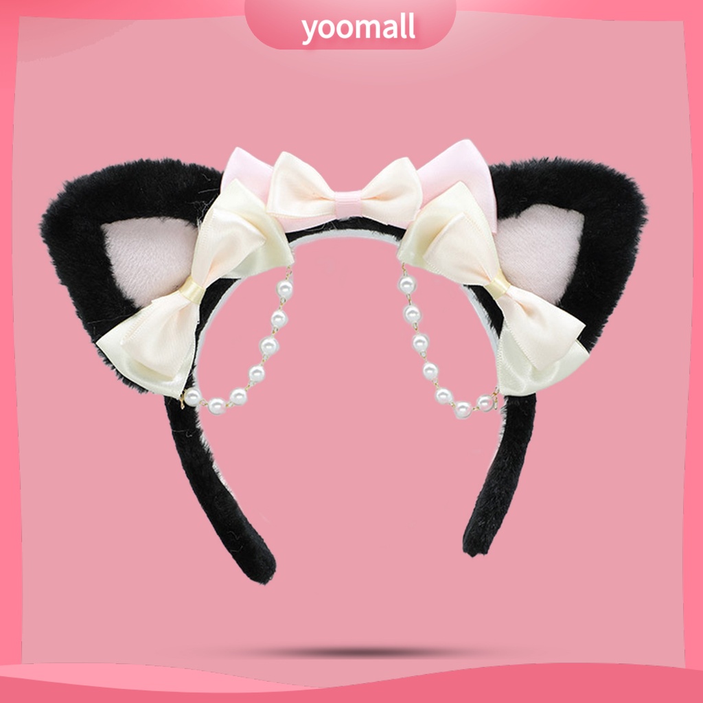 Băng Đô Tai Mèo Lông Nhung Đính Ngọc Trai Nhân Tạo Phong Cách Lolita Đáng Yêu Dành Cho Nữ