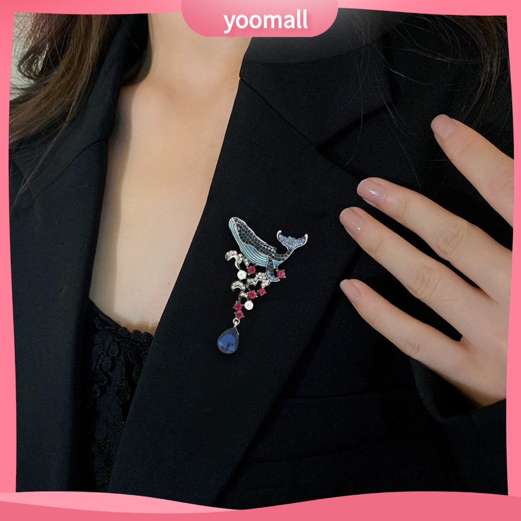 Ghim Cài Áo Hình Cá Voi Đính Đá Tráng Men Phong Cách Vintage