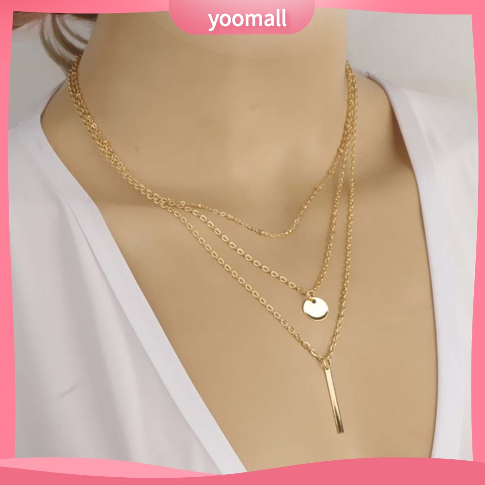 [YM] Vòng cổ Dài 3 Lớp Mặt Thanh Tròn Thời Trang Dự Tiệc Dành Cho Nữ
