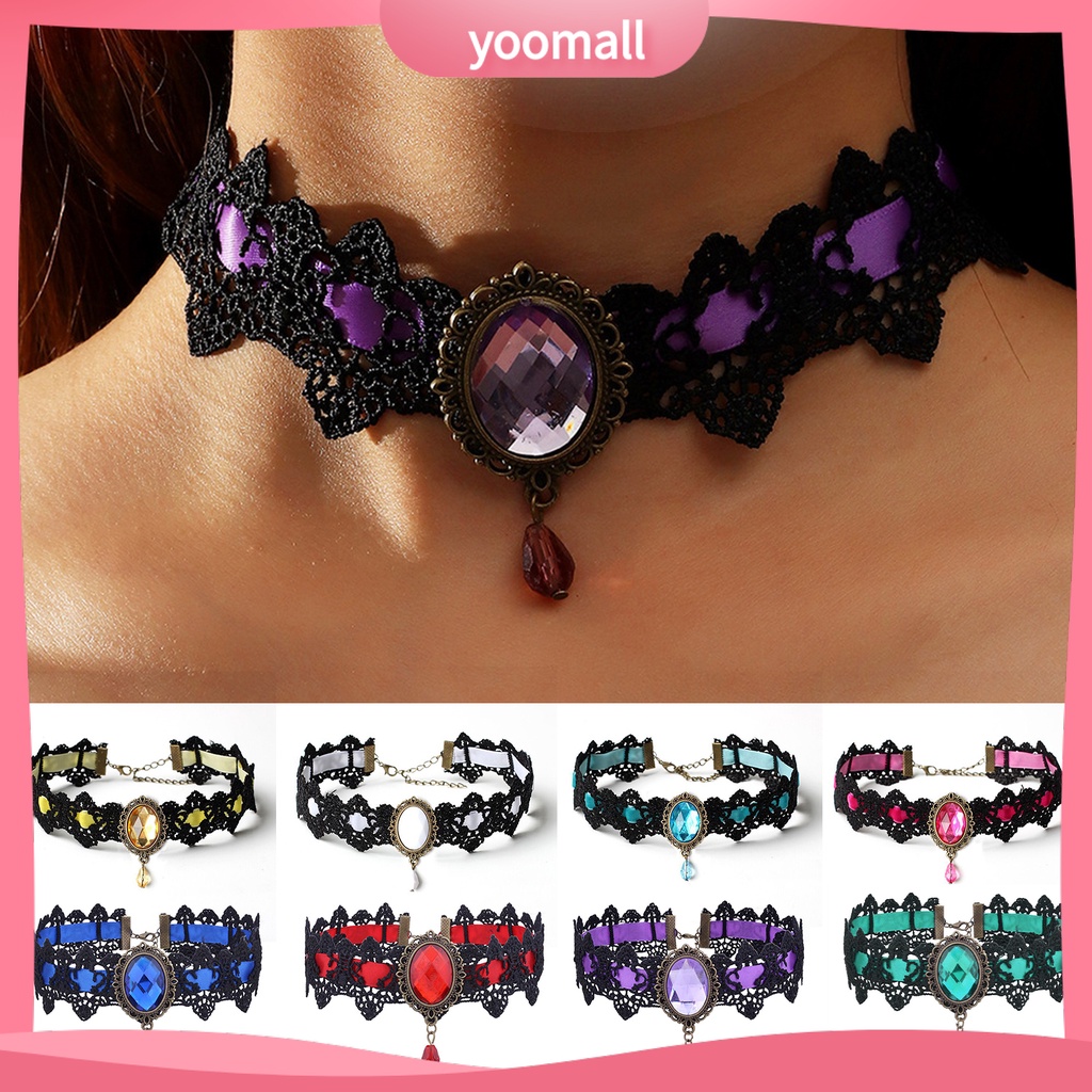 [YM] Vòng Cổ Choker Bện Dây Đính Đá Quý Nhân Tạo Phong Cách Gothic Punk Hợp Thời Trang Làm Quà Tặng Cho Nữ