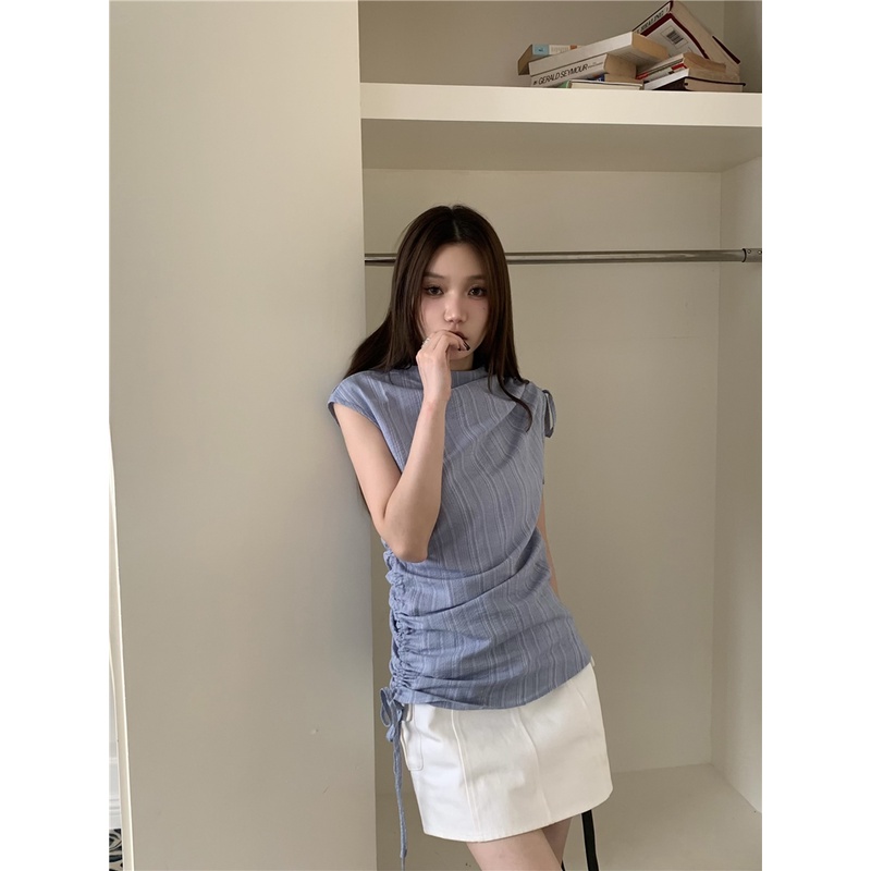 Áo Sơ Mi Không Tay Dây Rút Họa Tiết Kẻ Sọc Thời Trang Mùa Hè Hàn Quốc Mới