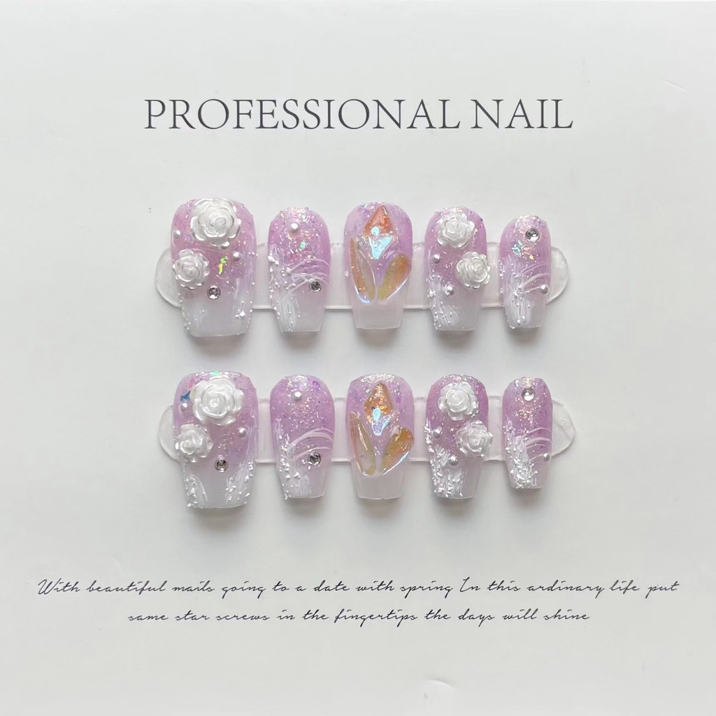 [HANDMADE] Móng Tay Hoa Trà Tím Đính Đá Ngọc Bích Giả Kim Cương Hỗ Trợ Chụp Ảnh