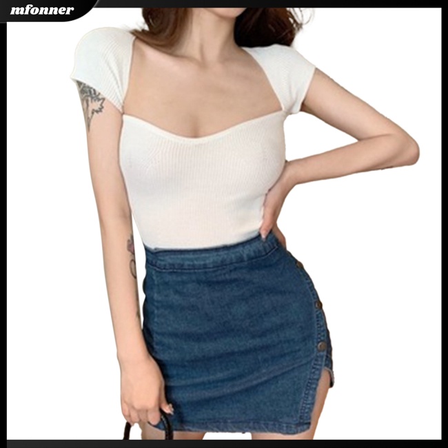 Áo Croptop Dệt Kim Tay Ngắn Cổ Vuông Màu Sắc Đơn Giản Cho Nữ