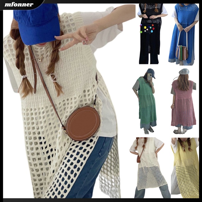 Đầm Dài Dệt Kim Sát Nách Cổ Tròn Màu Sắc Đơn Giản Cho Nữ