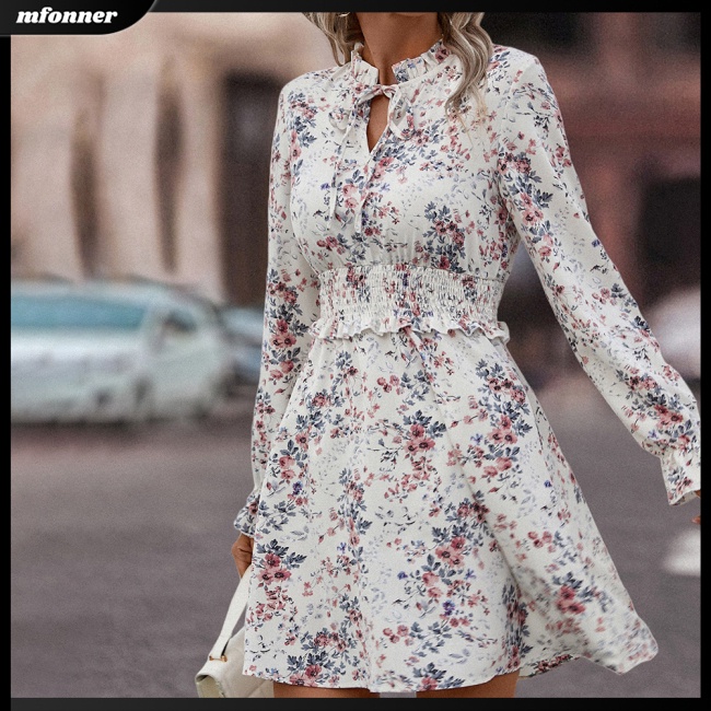 Đầm Ngắn Tay Dài Cổ Chữ V Nhún Bèo Họa Tiết Hoa Thời Trang Mùa Hè Cho Nữ