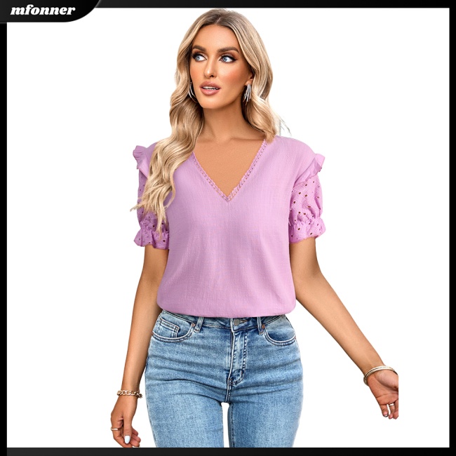 Áo Kiểu Tay Phồng Ngắn Cổ Chữ V Màu Sắc Đơn Giản Thanh Lịch Dành Cho Nữ