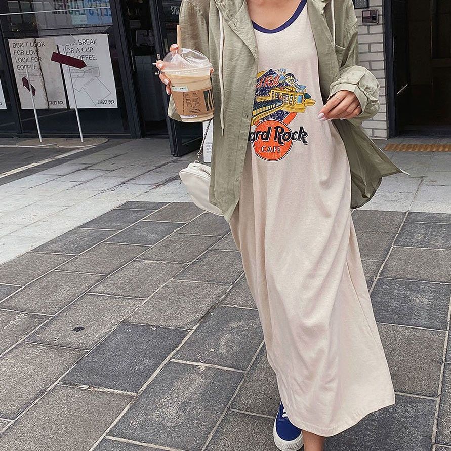 Đầm Hai Dây Dài Qua Gối In Họa Tiết Hoạt Hình Phong Cách Hàn Quốc Thời Trang Cho Nữ