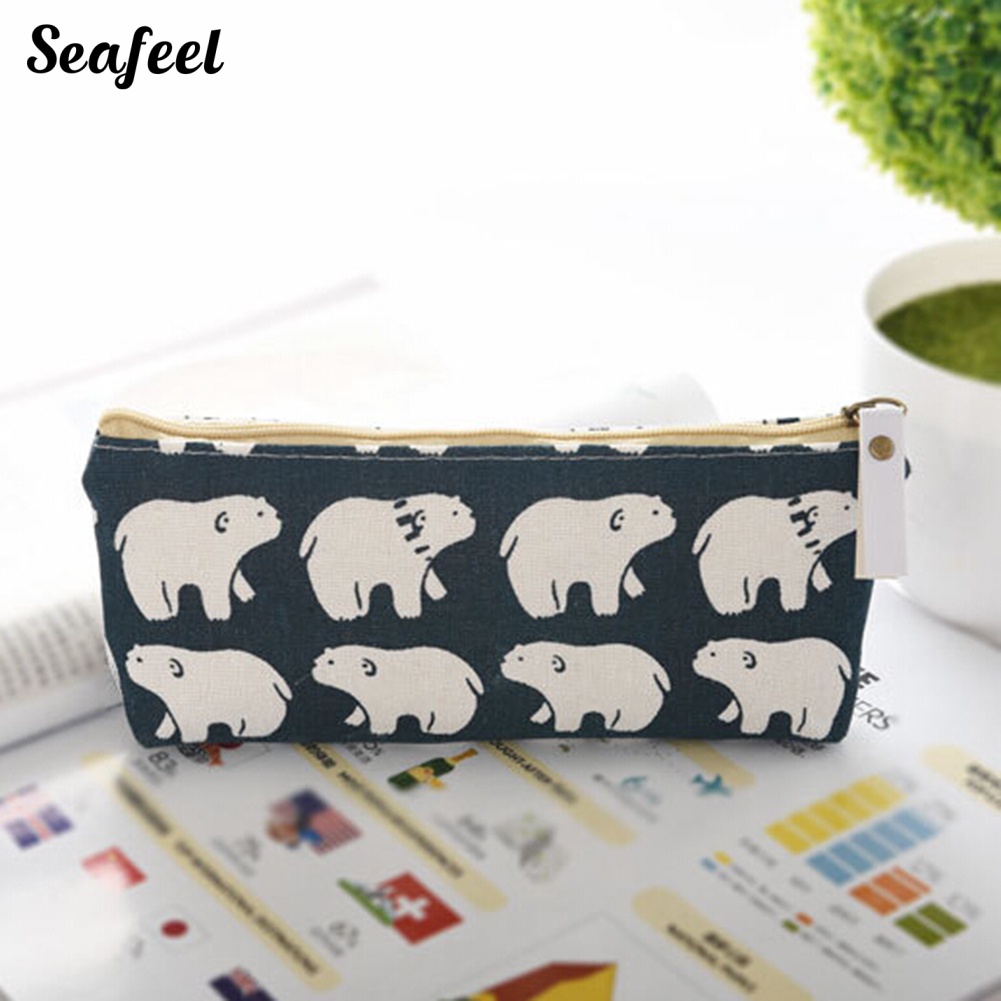 Túi Đựng Bút Bằng Vải Lanh Cotton Họa Tiết Cá Voi Gấu Hoạt Hình Dễ Thương