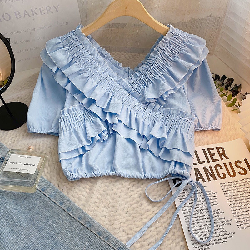 Áo Sơ Mi Ngắn Tay Cổ Chữ V Phối Bèo Thiết Kế Mới Thời Trang Mùa Hè Theo Phong Cách Hàn Quốc Cho Nữ