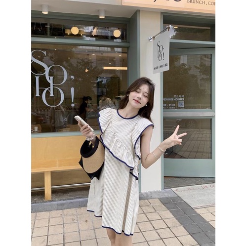 Đầm Không Tay Nhún Bèo Họa Tiết Kẻ Sọc Phong Cách Hàn Quốc Cho Nữ