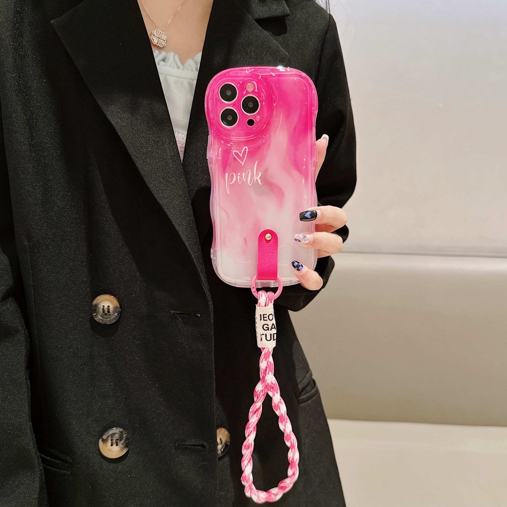 Ốp Điện Thoại TPU Dẻo Màu Hồng Đỏ Kèm Dây Đeo Tay Độc Đáo Chống Sốc Cho IPhone 14 13 12 11 Pro Max