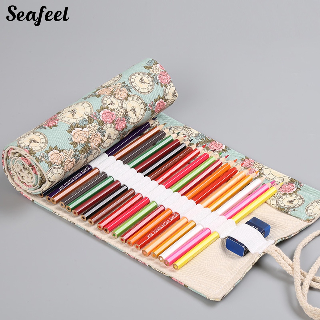 Túi Cuộn Đựng Bút Bằng Vải Canvas 12 / 24 / 36 / 48 / 72 In Hình Hoa Hồng