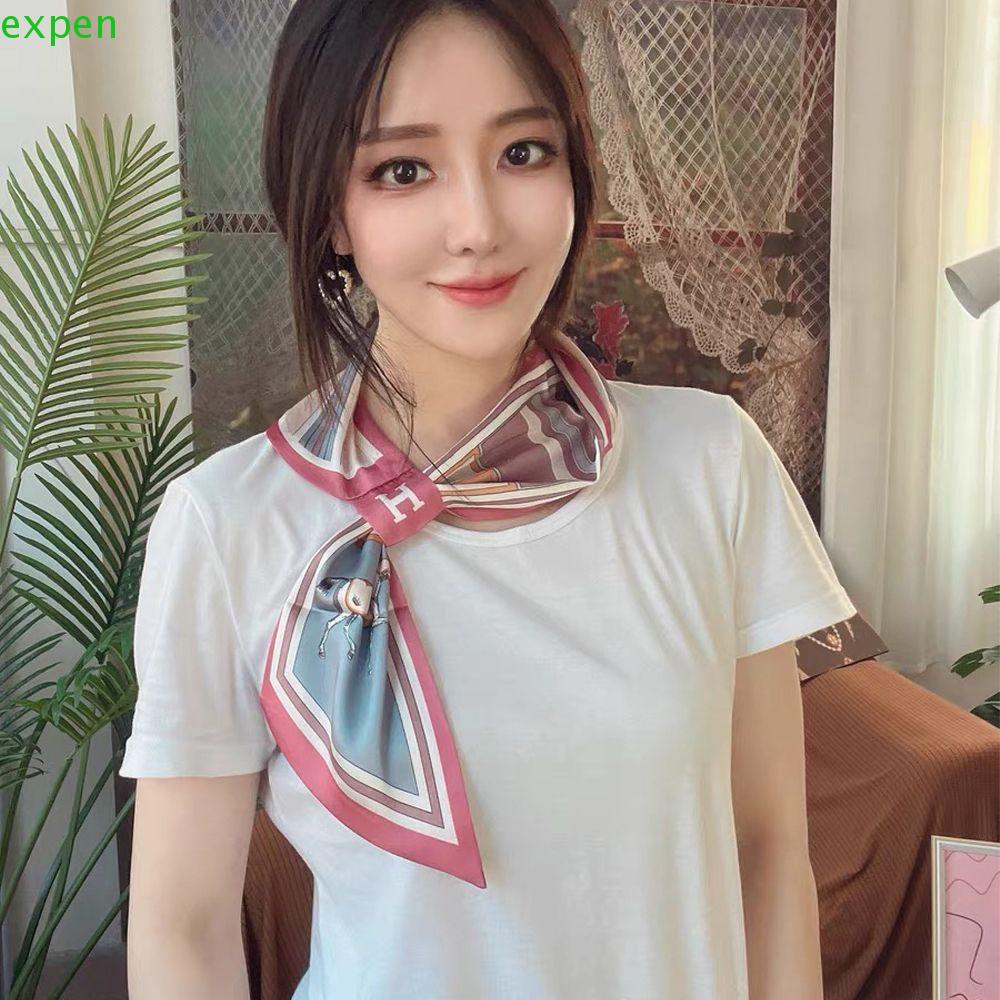 EXPEN Khăn Quàng Cổ Lụa Kẻ Sọc In Chữ Phong Cách Vintage Hàn Quốc Cho Nữ