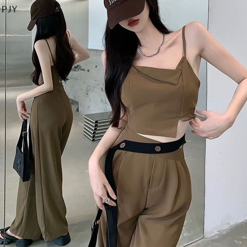 Pjy Bộ Áo Sát Nách Phối Quần Dài Ống Rộng Lưng Cao Thời Trang 2023 Cho Nữ PJ