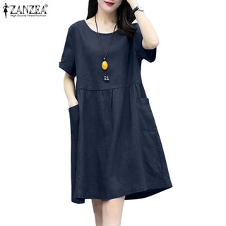 Zanzea Đầm Nữ Ngắn Tay Cổ Tròn Màu Trơn Phong Cách Hàn Quốc