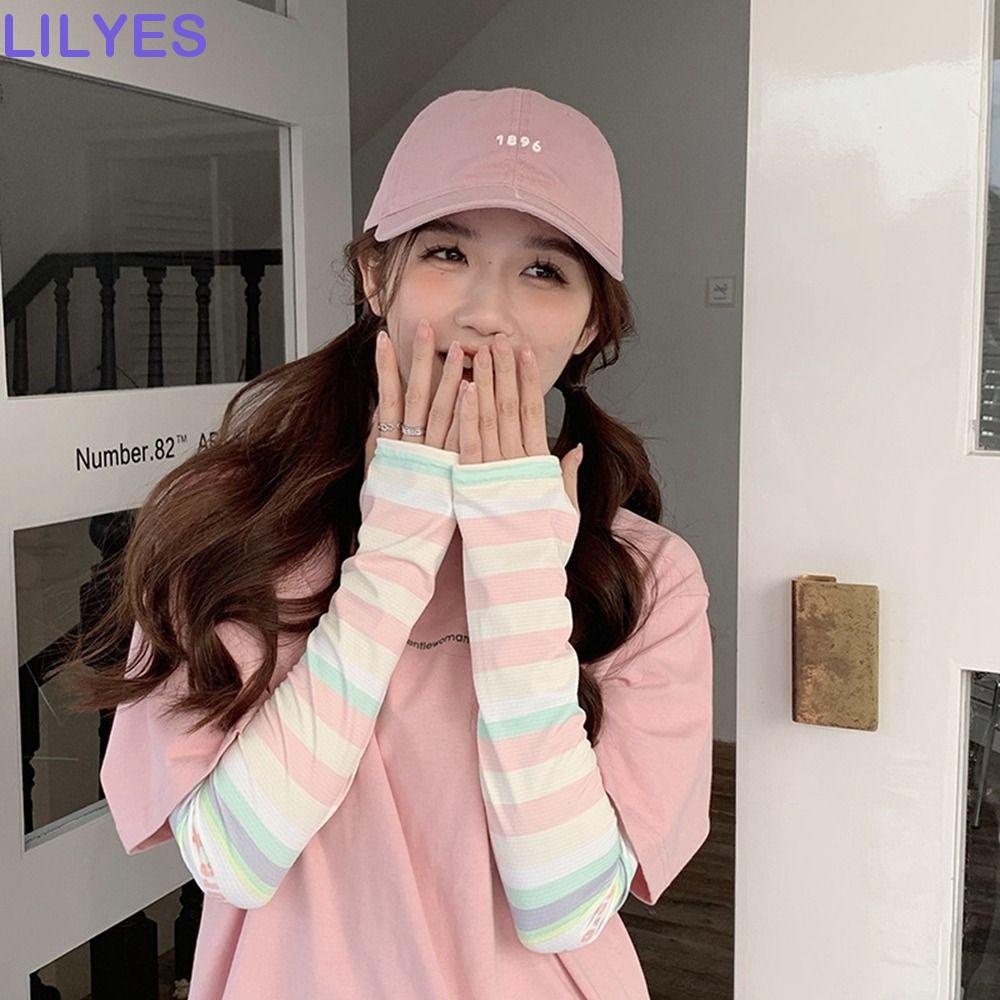 Găng Tay Chống Nắng UV Y2k Bằng Lụa Lạnh Họa Tiết Sọc Cầu Vồng Giữ Ấm Cánh Tay