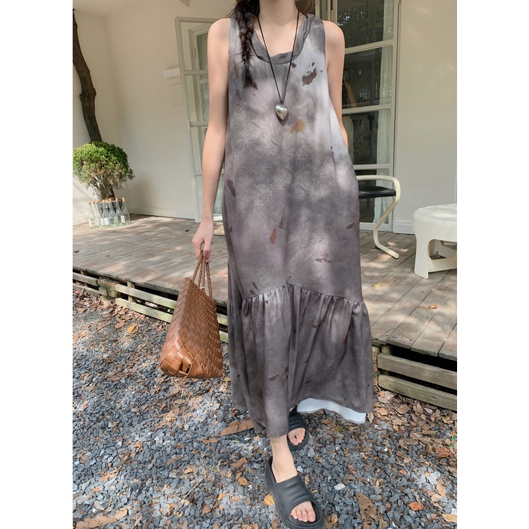 Đầm Dài Không Tay Dáng Rộng Chất Liệu satin Nhuộm Màu Phong Cách retro