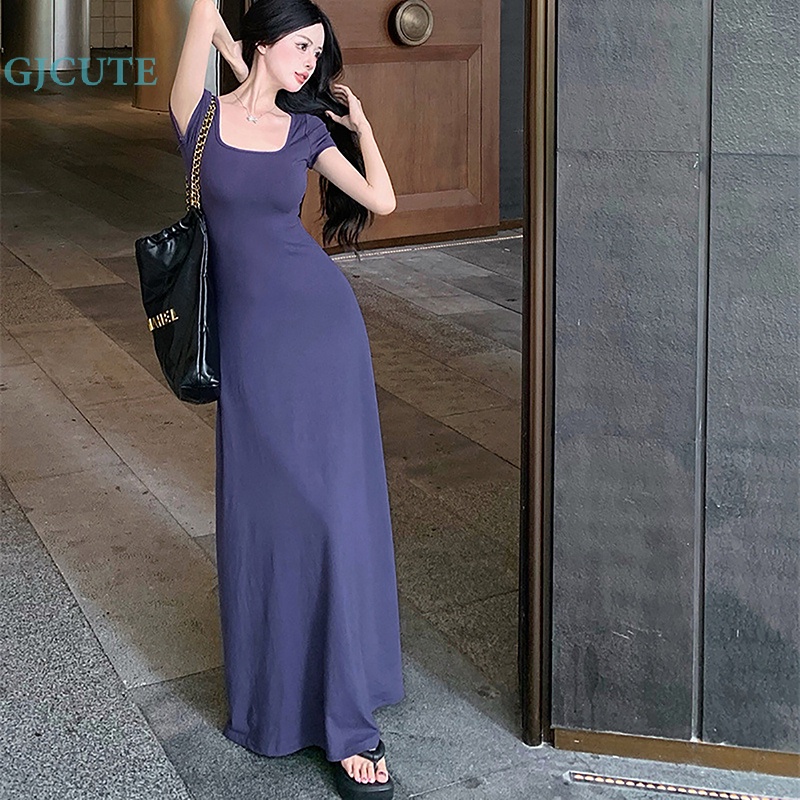 Đầm body GJCUTE dáng dài tay ngắn cổ vuông có size lớn cho nữ