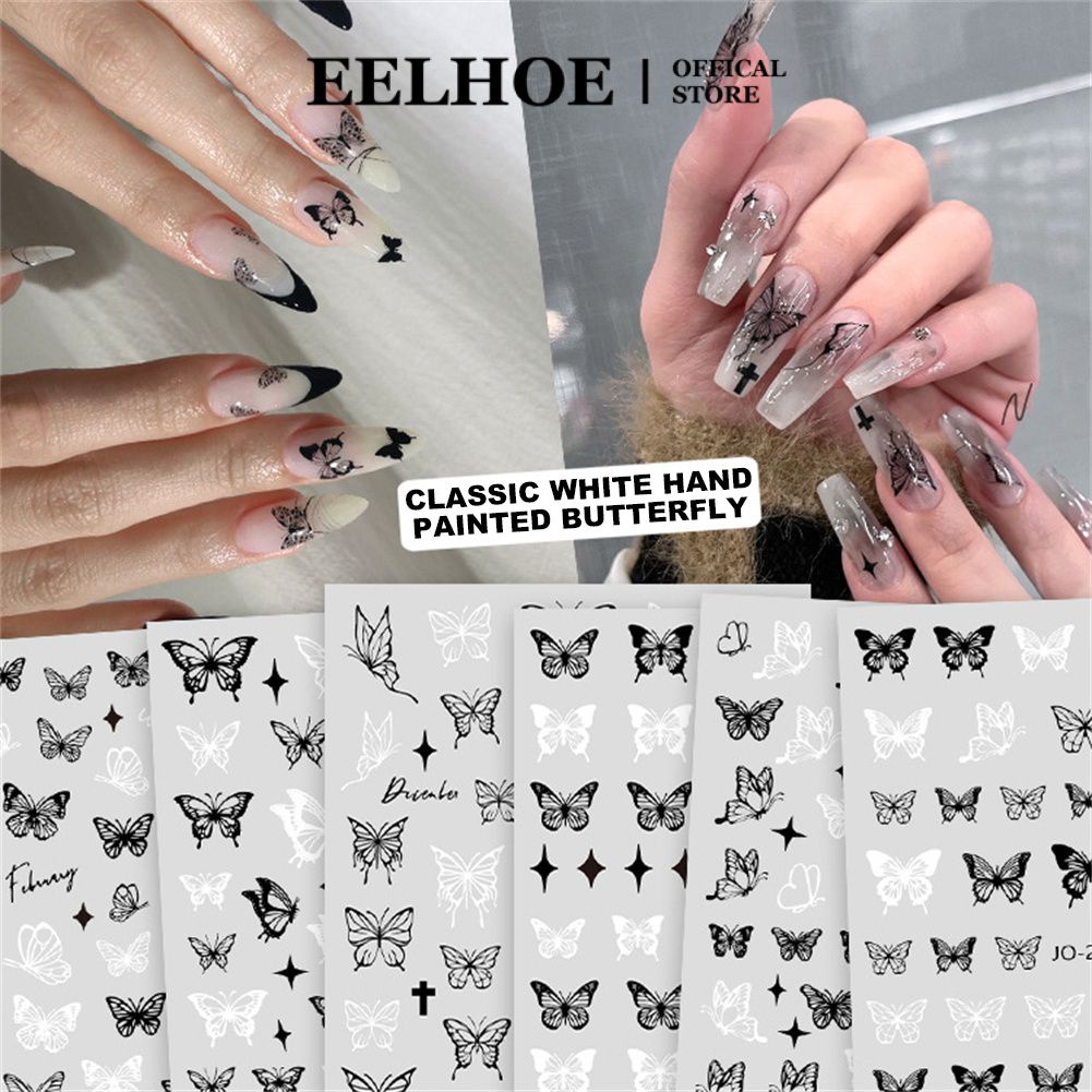 Miếng dán móng tay EELHOE hình bướm màu trắng đậm có keo mặt sau thời trang 2023
