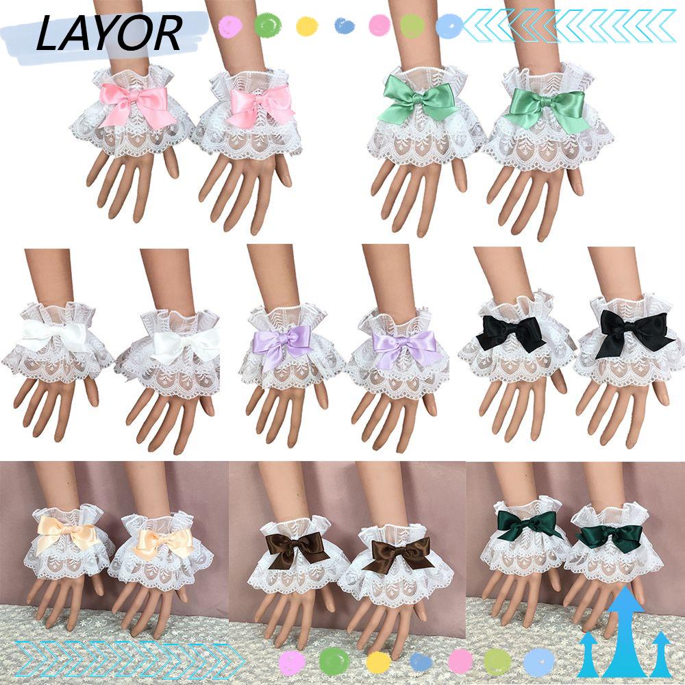 Hot Lolita Hand Sleeve Bowknot Ruffled Wrist Cuffs Lace Maid Cosplay Bracelet for Wedding Party Multicolor Sweet/Multicolor