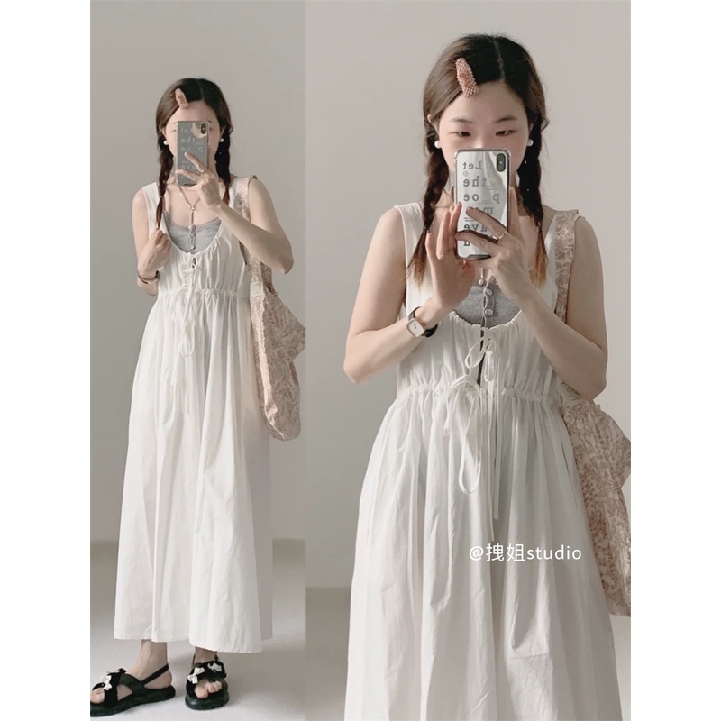Đầm Hai Dây Ôm Eo Màu Trơn Phong Cách Hàn Quốc Cổ Điển Thời Trang Mùa Hè Hàng Mới Dành Cho Bạn Nữ