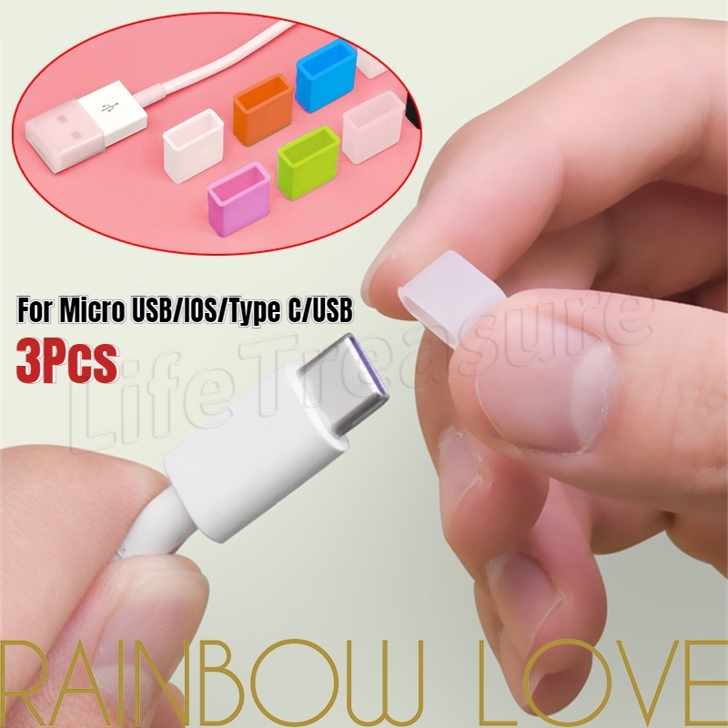 Bộ 3 Nút Silicon Bịt Ổ Cắm Chống Bụi Cho Cáp Sạc Micro USB / IOS / Type C / USB Ốp