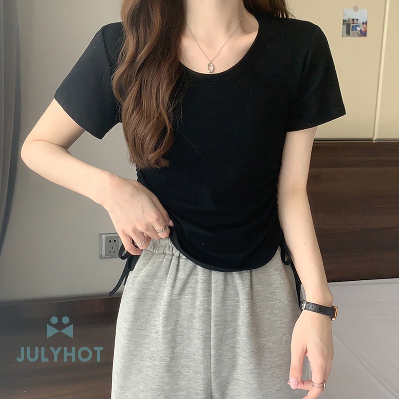 Áo Thun Tay Ngắn Cổ Tròn Màu Trơn Phối Dây Rút Thời Trang Cho Nữ