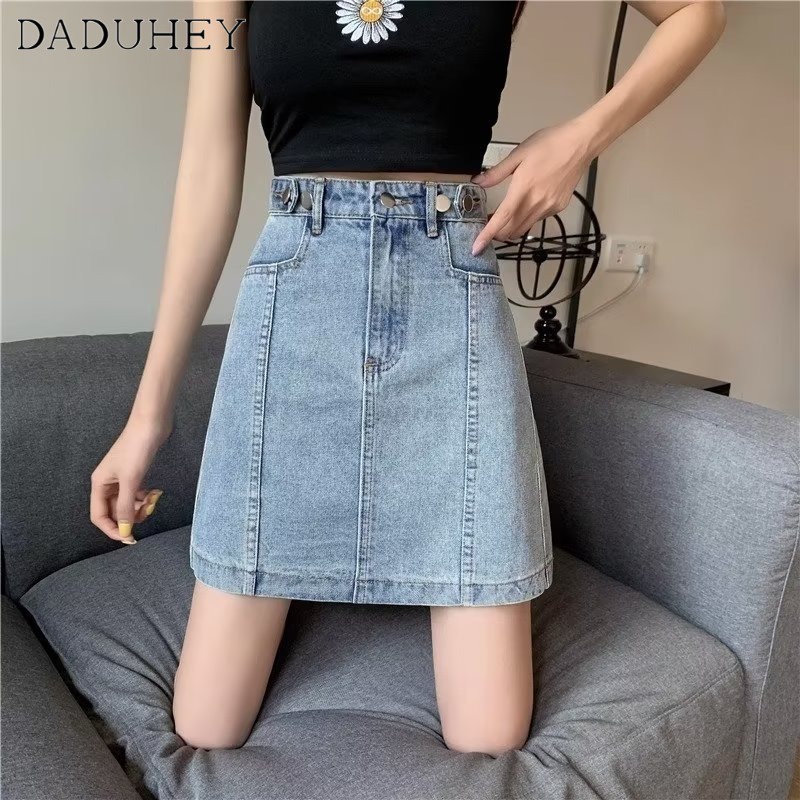 Chân váy denim DADUHEY dáng chữ A lưng cao khâu túi hông phong cách đường phố Mỹ mới