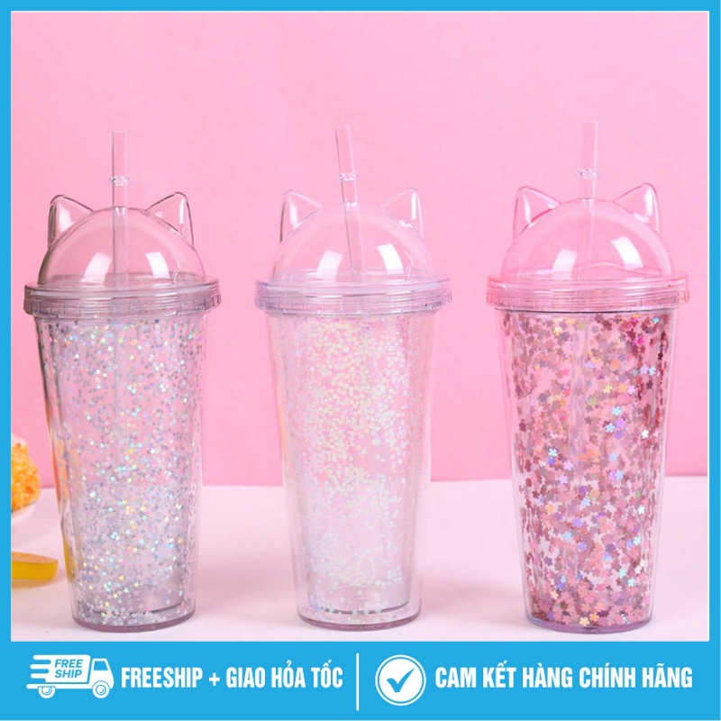 Cốc uống nước nắp nhũ tai mèo - thiết kế nhỏ gọn, Bình nước kèm nắp và ống hút đẹp