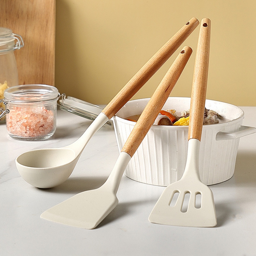 Thìa Xẻng Nấu Ăn Bằng Silicone Cán Gỗ Có Lỗ Treo Cho Nhà Hàng