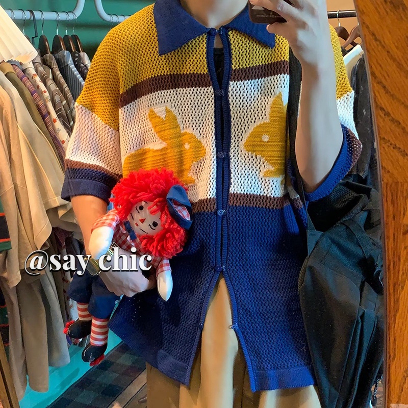Áo Dệt Kim Tay Ngắn Dáng Rộng Phong Cách retro Thời Trang Cho Nam