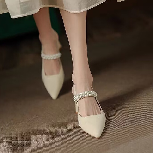 ZTAIXIELUA Giày Cao Gót Mũi Nhọn Đế Dày Quai Quấn Đính Ngọc Trai Thời Trang Mùa Hè Dành Cho Nữ