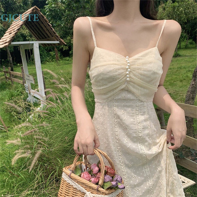 Đầm Hai Dây Dáng Chữ A Màu Trơn Phối Ren Thời Trang Đi Biển