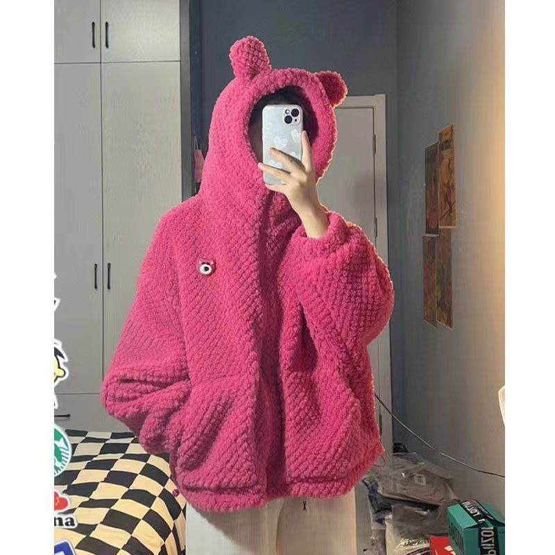 Áo Khoác Cotton Lông Cừu Dày Dặn Đính Tai Gấu Hồng Dễ Thương Thời Trang Thu Đông Cho Nữ