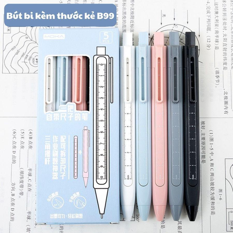 Bút gel bấm học toán tiện lợi B99, cây viết mực đen ngòi 0.5mm kèm thước kẻ
