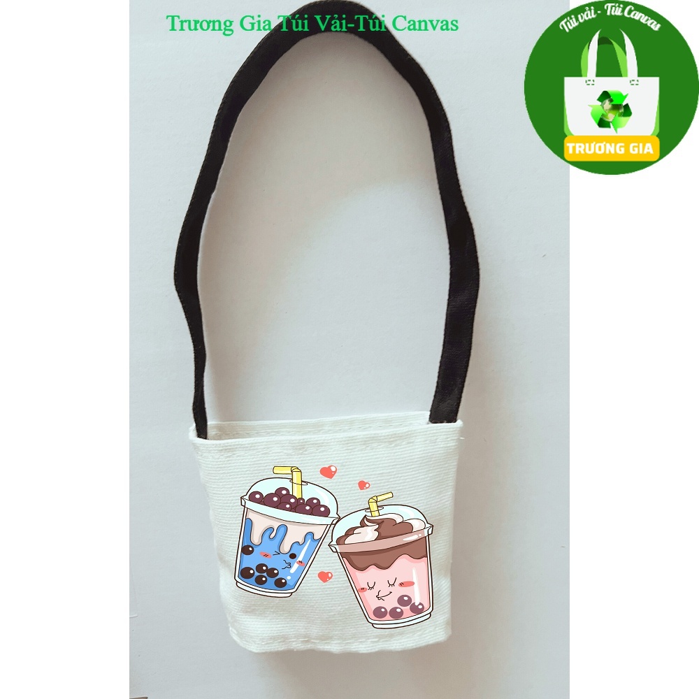Quai Đen Túi vải Canvas màu trắng treo ly cốc kích thước 13x8.5x11cm in hình Trà Sữa Trương Gia Túi Vải - Túi Canvas